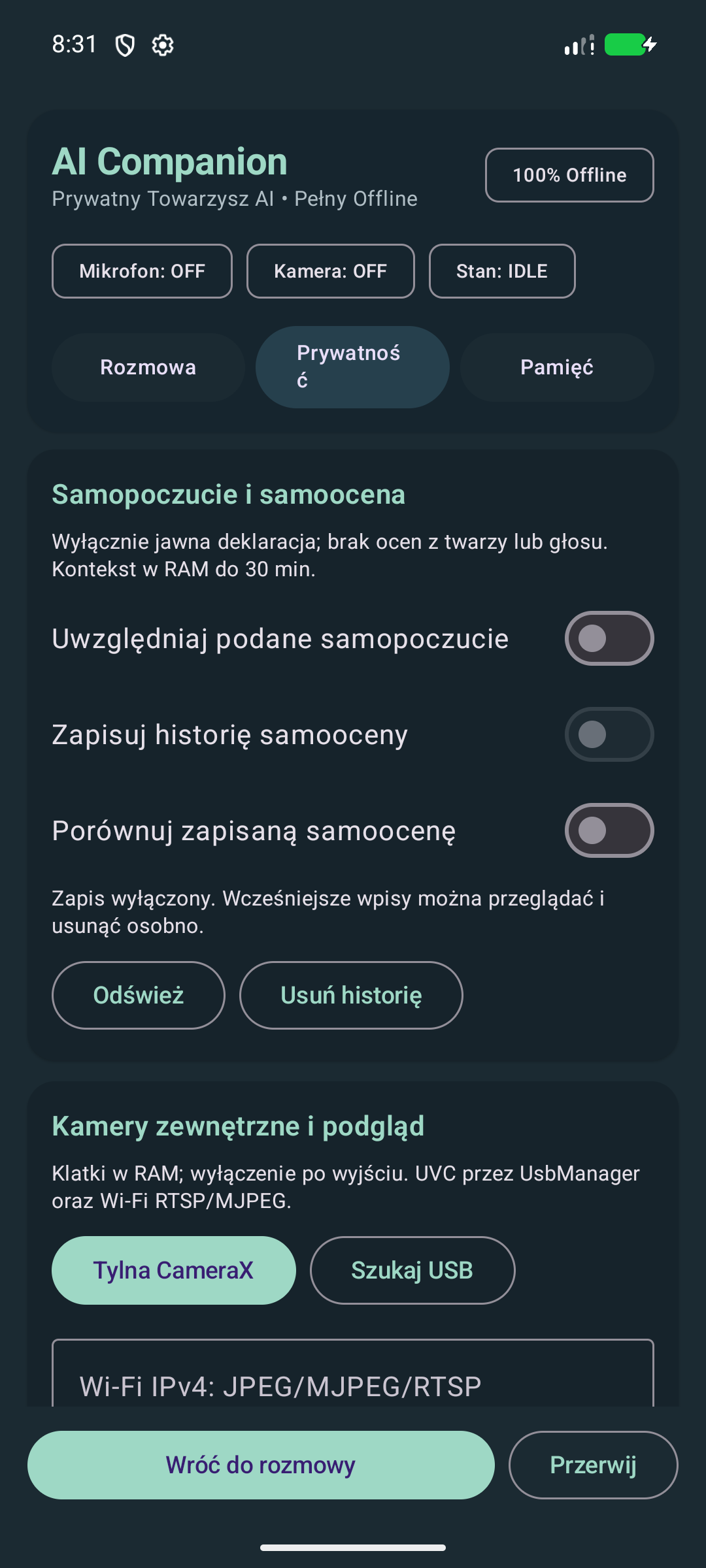 Kafelkowy widok prywatności i sensorów