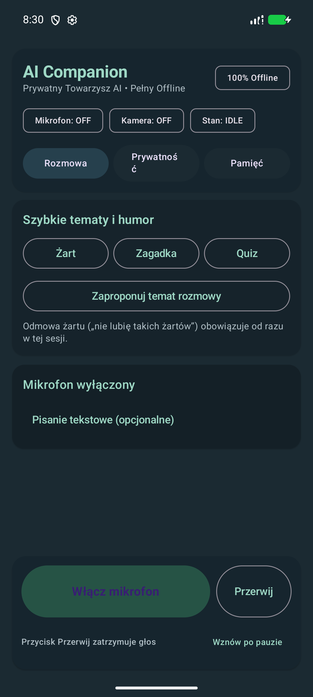 Widok rozmowy i szybkich akcji w Kompan AI